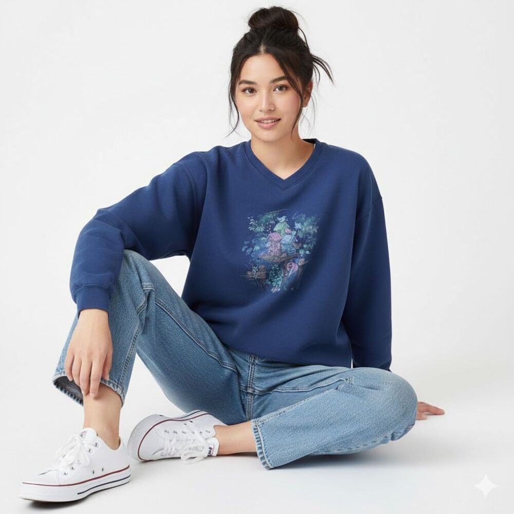 VTG Northern Reflections Grannycore Blue Graphic V Neck Sweatshirt SZ XL